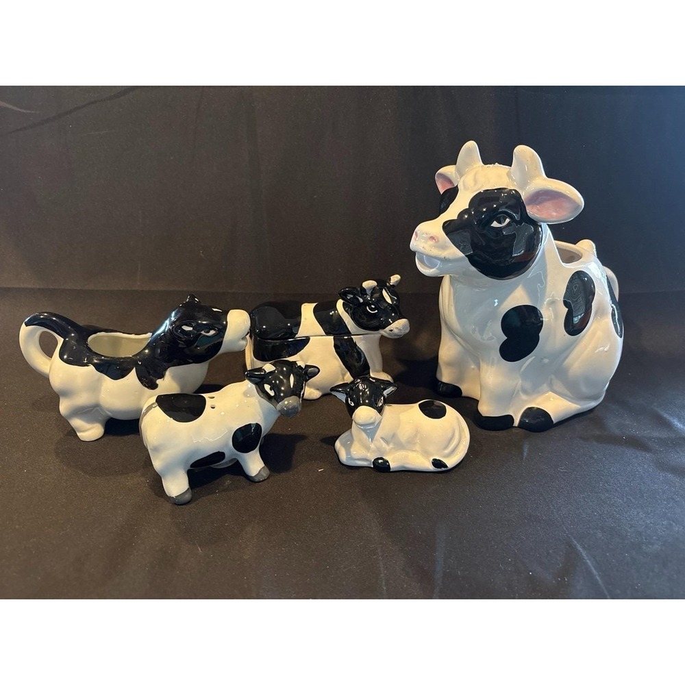 Vintage 5-Piece Cow Creamer, Sugar, Butter Dish & Salt Pepper Set